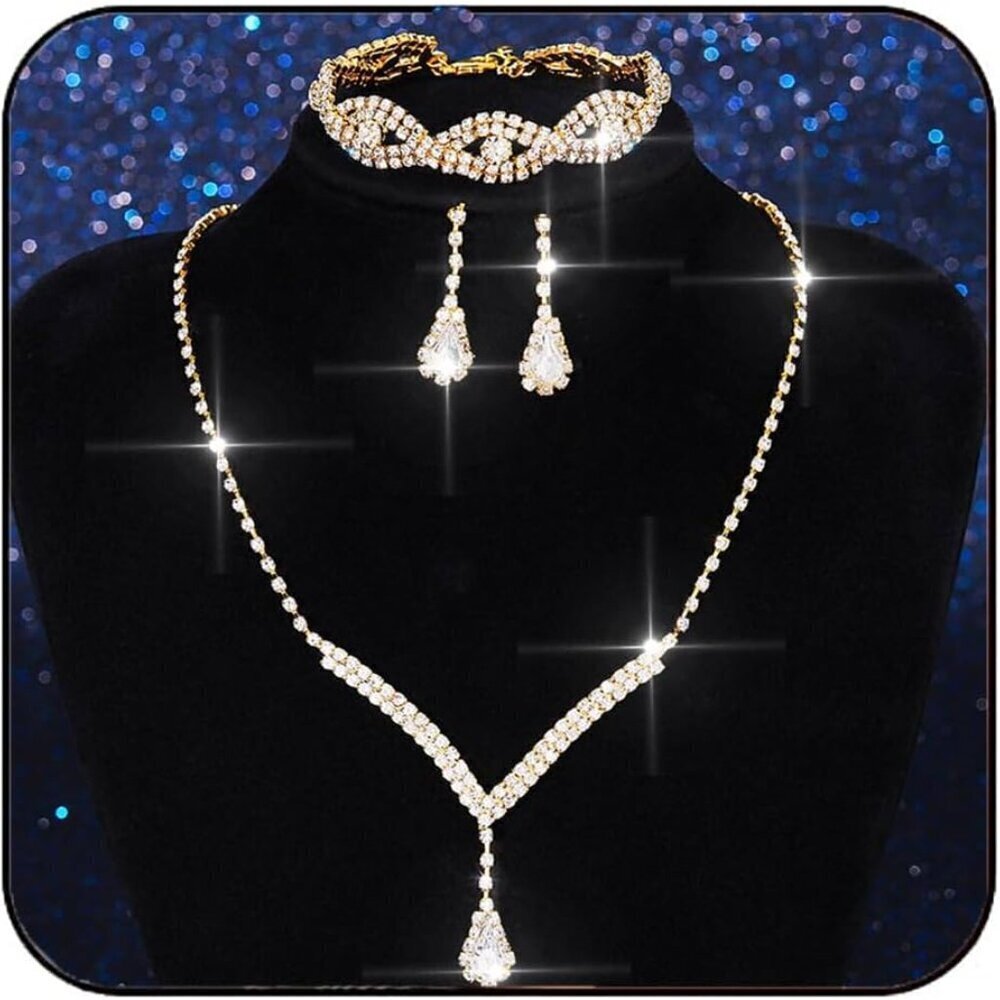 Wedding Jewelry Set Rhinestones Necklace Earrings Bracelet for Women Bridal